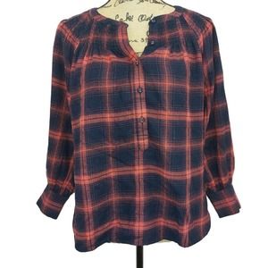 Loft Smocked Plaid Henley Blouse Size Small dark blue and coral